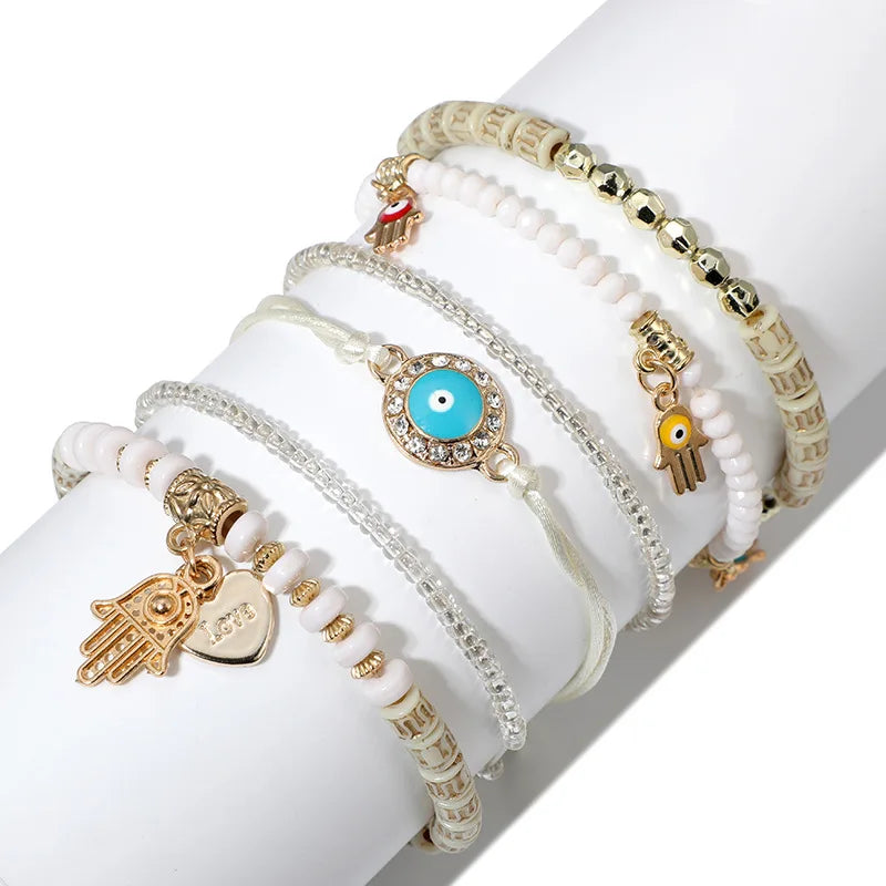 6pcs/set Bohemian National Style Beaded Anklets Eyes Palms Heart Beads Bracelets for Women