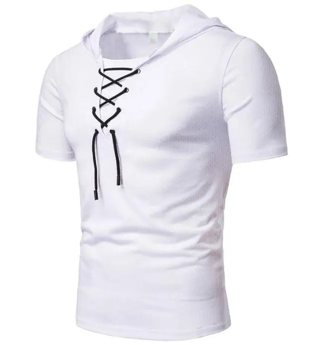 Mens Lace up Workout Athletic Hoodie Sport Sweatshirt Short Sleeves Retro V-Neck Pullover Hooded T-Shirt Summer Blouse Tops