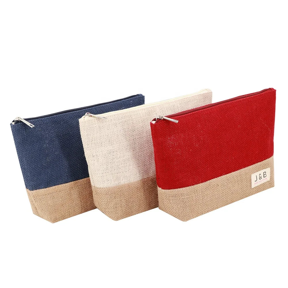 Personalized Color Patch Burlap Jute Zipper Pouch Tools Organizer Bag Customized Travel Hemp Makeup Cosmetic Bag for Women