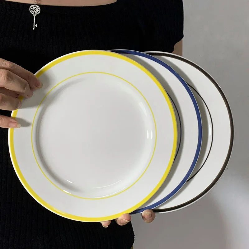 Solhui Korean INS Line Flat Plate Simple Dessert Salad Home Ceramic Plate