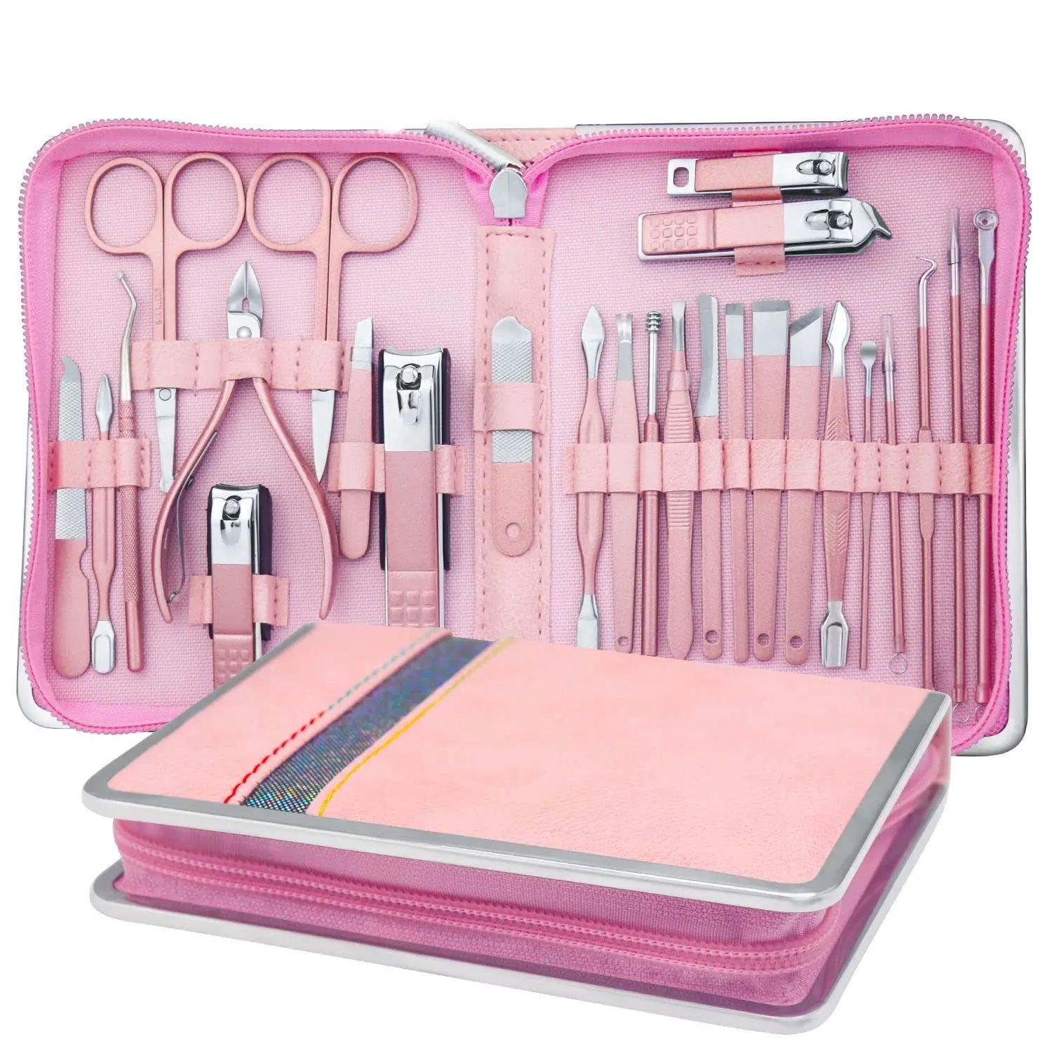 Custom Logo 16pcs/set Pink Manicure Pedicure Tool Carton Steel Black Nail Clipper Sets with PU Leather Bag