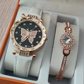 2024 Wholesale Fashion Butterfly Watch Women's Leather Girls 2-piece Butterfly Watch Set