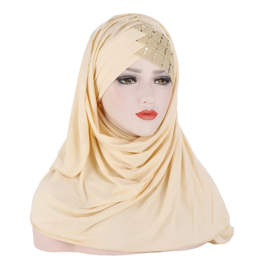 Monochrome Milk Silk Forehead Sequins Combined With Scarf and Headband Muslim Fashion Hijab