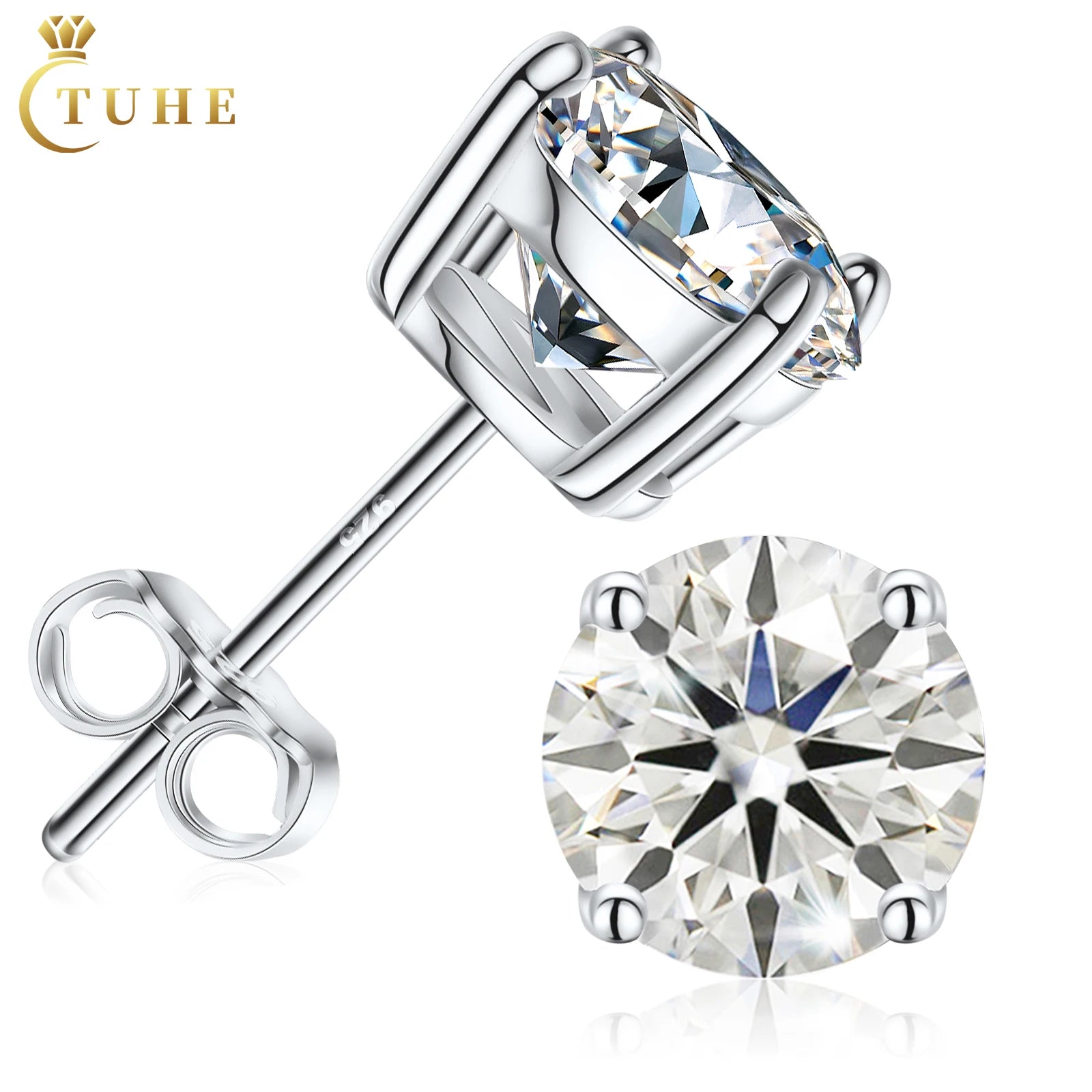 Push Back 0.1ct-4ct Classic 4 Prong Moissanite Stud Earrings White Gold 925 Sterling Silver VVS Mossanite Diamond Men Women