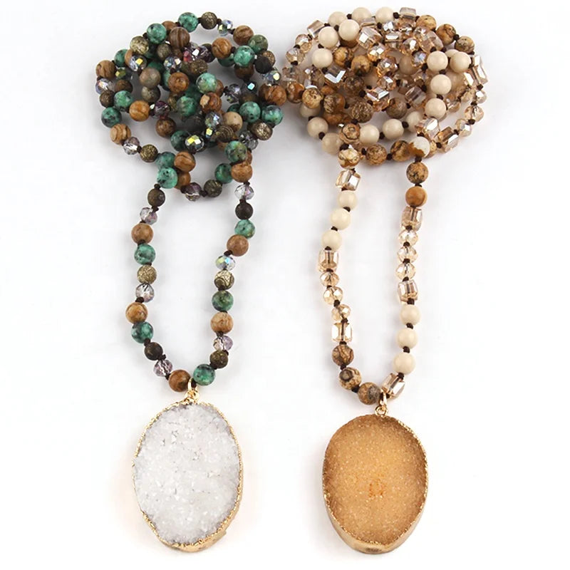 Fashion Bohemian Jewelry Necklace 6mm Beaded Stone Knotted Natural Stones Druzy Pendant Necklaces for Women Festival Gift