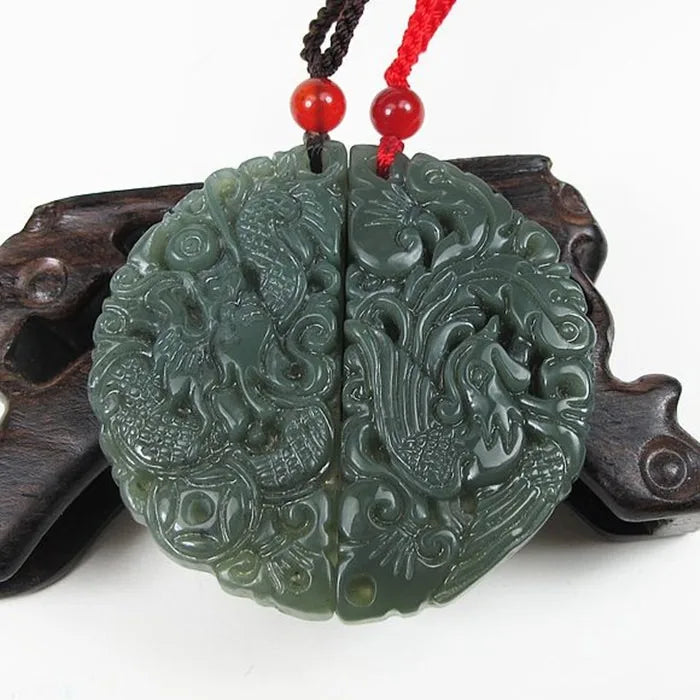 Natural Jade Dragon and Phoenix Brand a Pair of Pendants Lovers Pendant Necklace Male and Female Ornaments