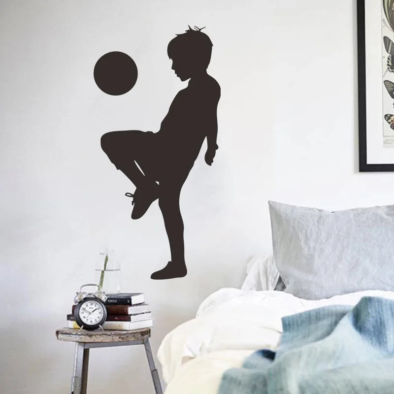 Football Boy Black and White Painting Silhouette Wall Stickers Boy Bedroom Decoration Wallpaper Self Adhesive Painting