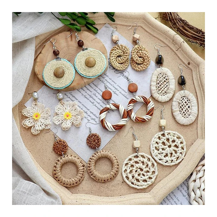 HOVANCI Bohemian Jewelry Handmade Hollow Geometry Wooden Drop Earrings Ethnic Woven Braided Wood Earrings for Women