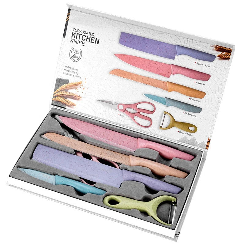 6pcs Colorful Stainless Steel Kitchen Knife Sets Modern Chinese Utility Design for Food Preparation Camping Daily Use MOQ 6 Pcs
