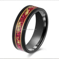 POYA Vintage 8mm Black Tungsten Ring With Rose Gold Leaf &Crushed Red Ruby Inlay for Wedding Engagement or Gift