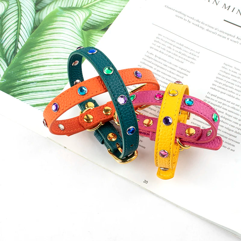 Wholesale Personalized Colorful Waterproof Pu Leather Rhinestone Dog Collar Bling Bling Shiny Pu Leather Cat Collar