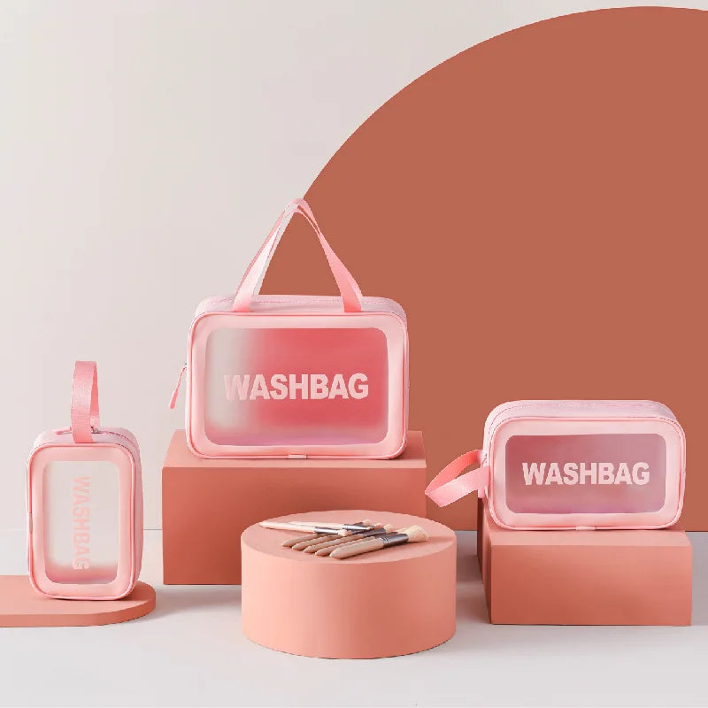 Custom Personalized Wholesale Small pink Hanging clear Plastic Cosmetic Bag for Travel with Handles in Bulk