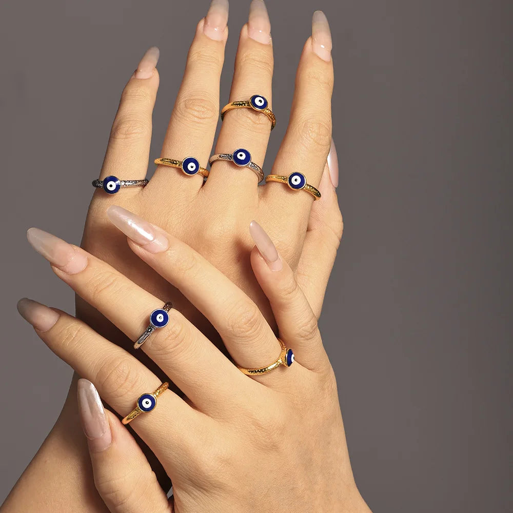 New 18K Gold Plated Stainless Steel Jewelry Thin Drip Oil Texture Enamel Evil Eyes Rings for Women