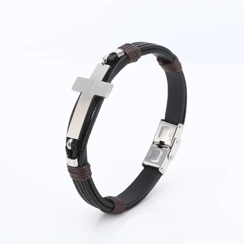 MECYLIFE Handmade Jewelry Bracelets Stainless Steel Cross Charms Leather Bracelet for MEN