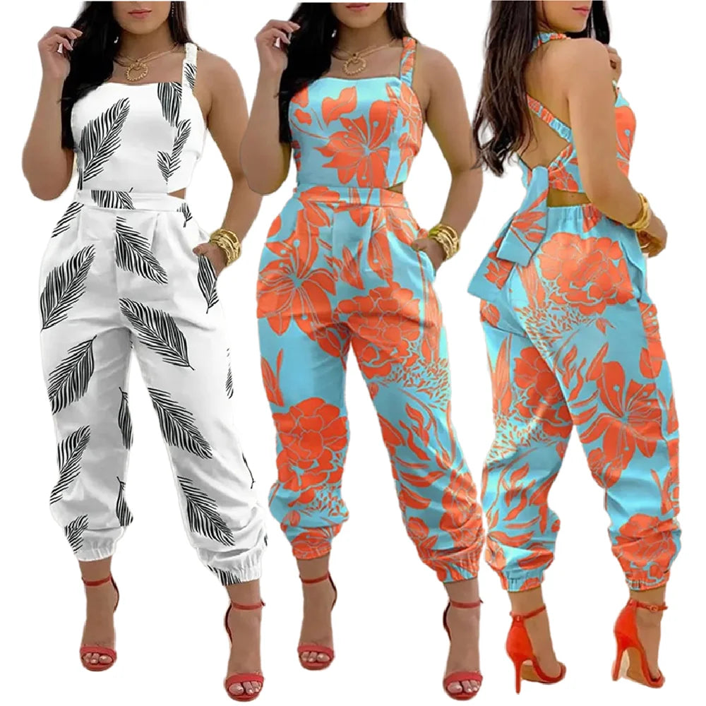 XY1005 High Quality Women Summer Jumpsuit Suspender Backless Bowknot Print One Piece Jumpsuits for Women 2022