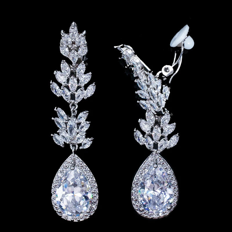 No Hole Pierced Ear Design Cubic Zirconia Crystal Pave Women Long Water Drop Clip on Earrings Without Piercing