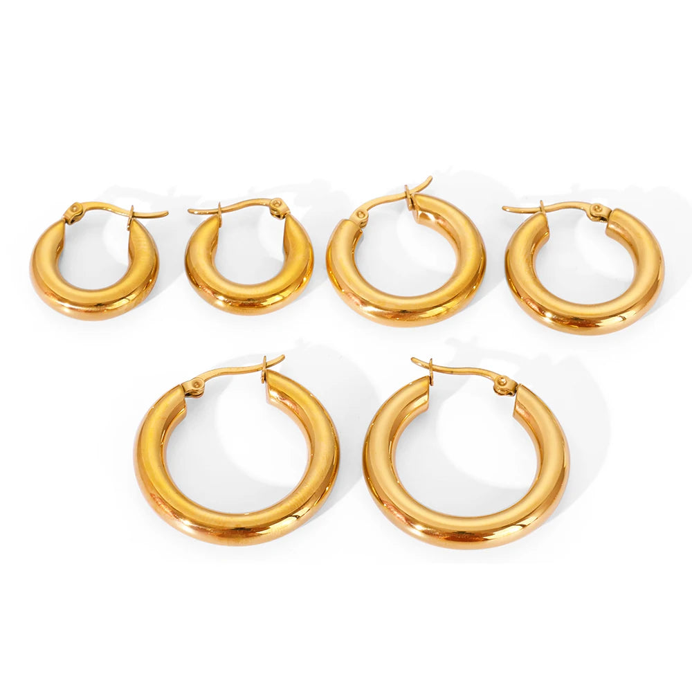 Fashionable High Quality Simple 18K Gold Plated Hoop Earrings Popular Geometric Stainless Steel Smooth Earring Multi Size