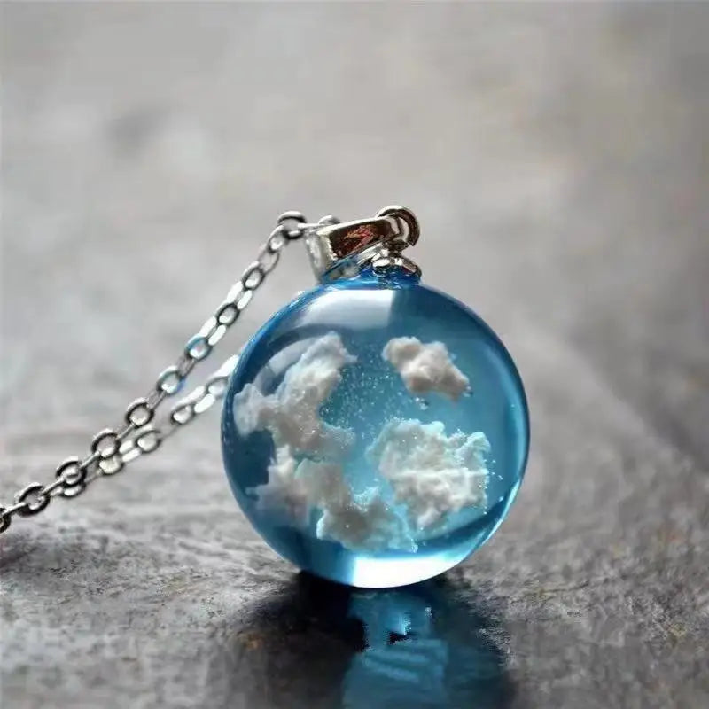 New Mori Transparent Spherical Resin Pendant Luminous Planet Blue Sky and White Clouds Necklace Fashion Jewelry