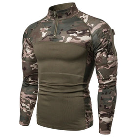 Men's Camouflage Elastic Fitness Cycling T-Shirt Zippered Pocket Outdoor Camping Long Sleeved Knitted Fabric