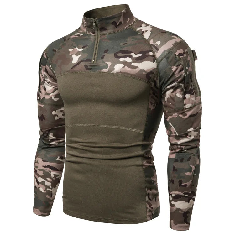 Men's Camouflage Elastic Fitness Cycling T-Shirt Zippered Pocket Outdoor Camping Long Sleeved Knitted Fabric