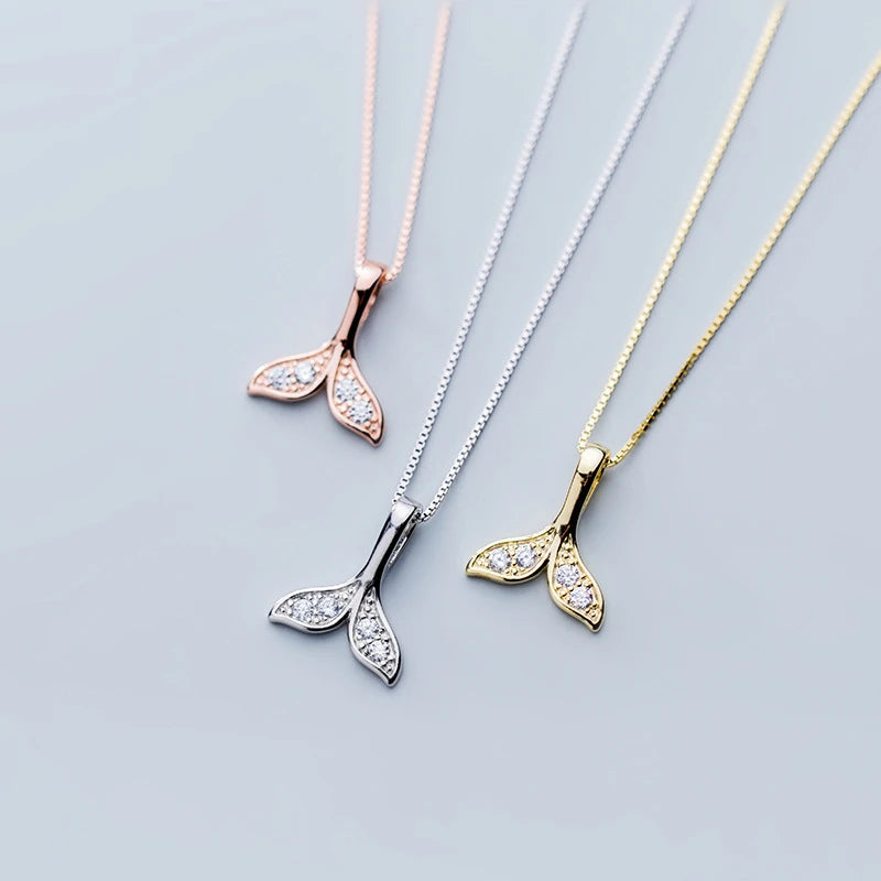 925 Sterling Silver Dainty Zircon Whale Tail Pendant Necklace Rose Gold Plated Necklaces Fashion Jewelry for Women