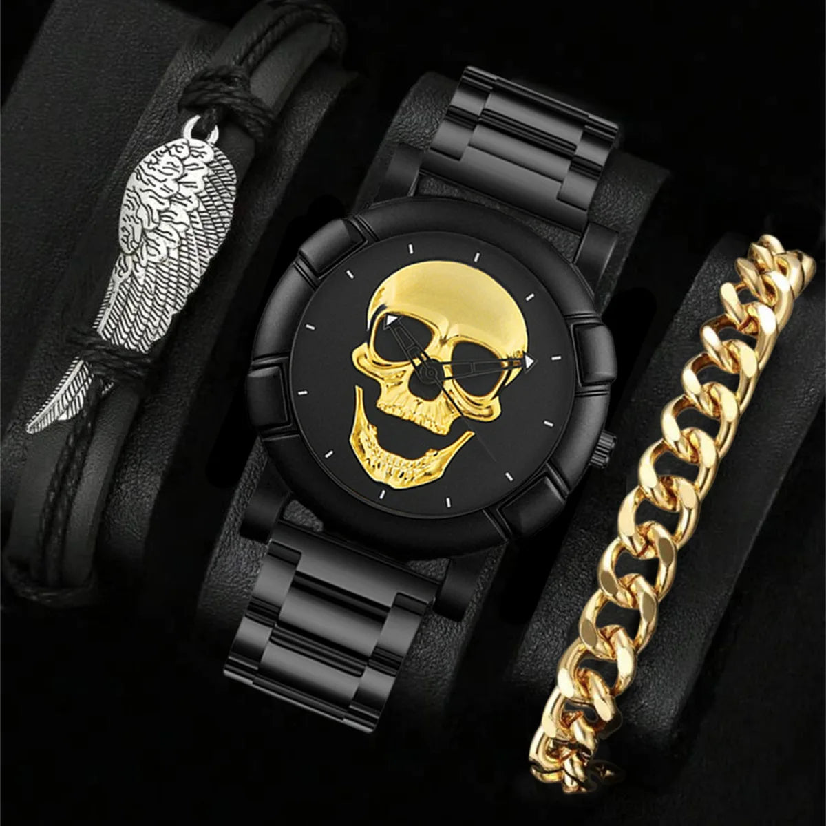 New Fashion 3pcs Set Big Dial Cool Head Trendy Men's Steel Band Bracelet Watch Set