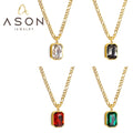 Ason Jewelry New Vintage Stainless Steel Figaro Chain Necklace Rectangular White Black Red and Green Diamonds Pendant Necklace