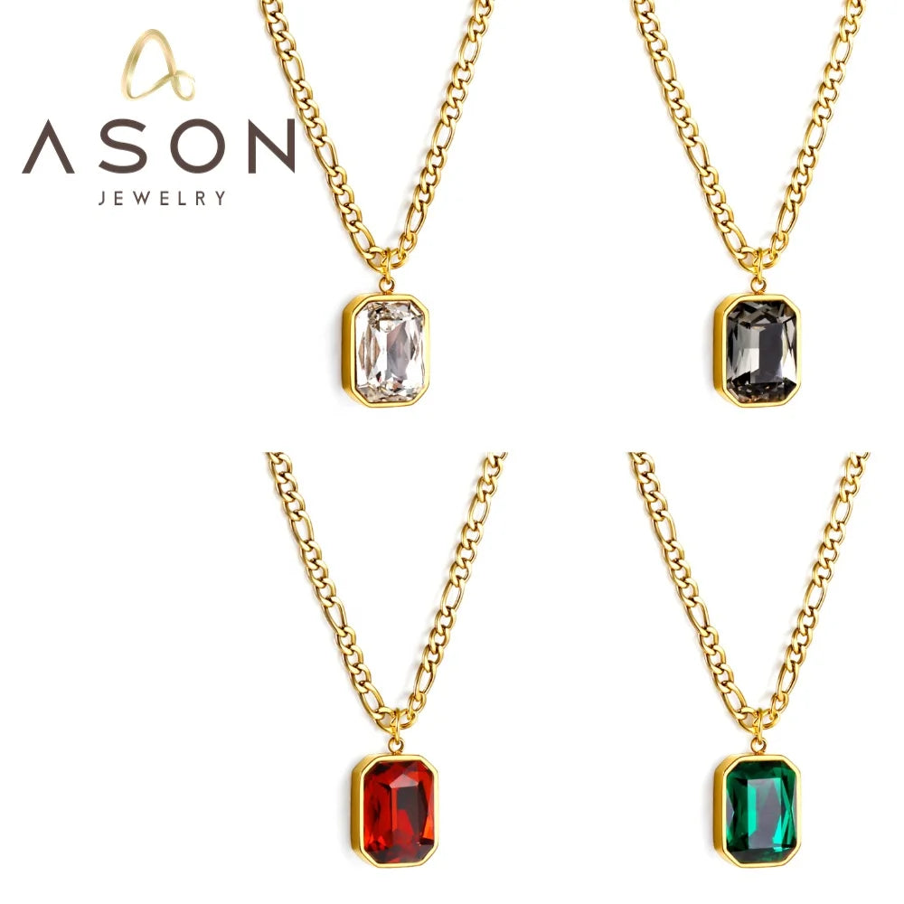 Ason Jewelry New Vintage Stainless Steel Figaro Chain Necklace Rectangular White Black Red and Green Diamonds Pendant Necklace