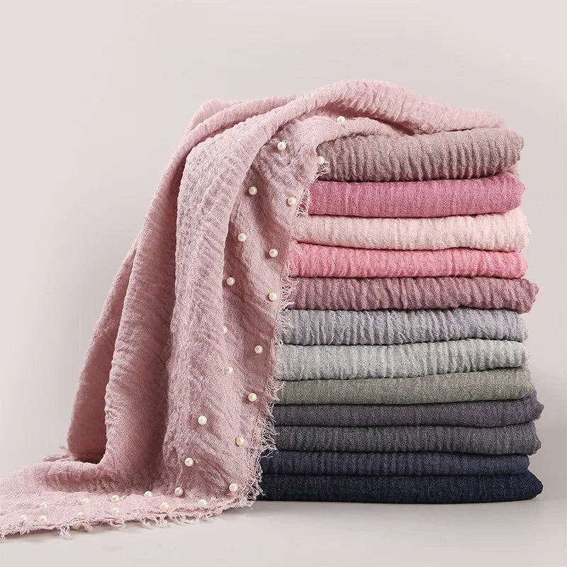 Pure Color High Quality Wool Fringed Cotton Yarn and Pearl Accessories Headscarf Cotton and Linen Crumpled Women's Scarf Hijabs