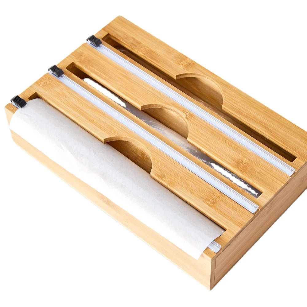 Bamboo Cling Film Dispenser - Food Packaging for Cling Film Aluminum Foil Wax Paper Holders Kitchen Organizer
