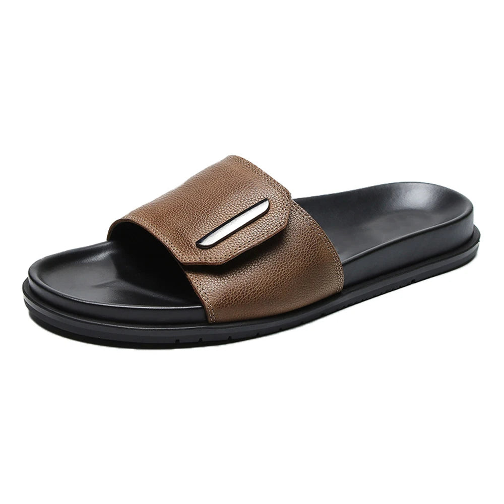 New Collection Men's Genuine Leather Strap Sandals - Summer Non-Slip Soft Sole Outdoor Flip Flops Top Grade Cow Leather Slippers