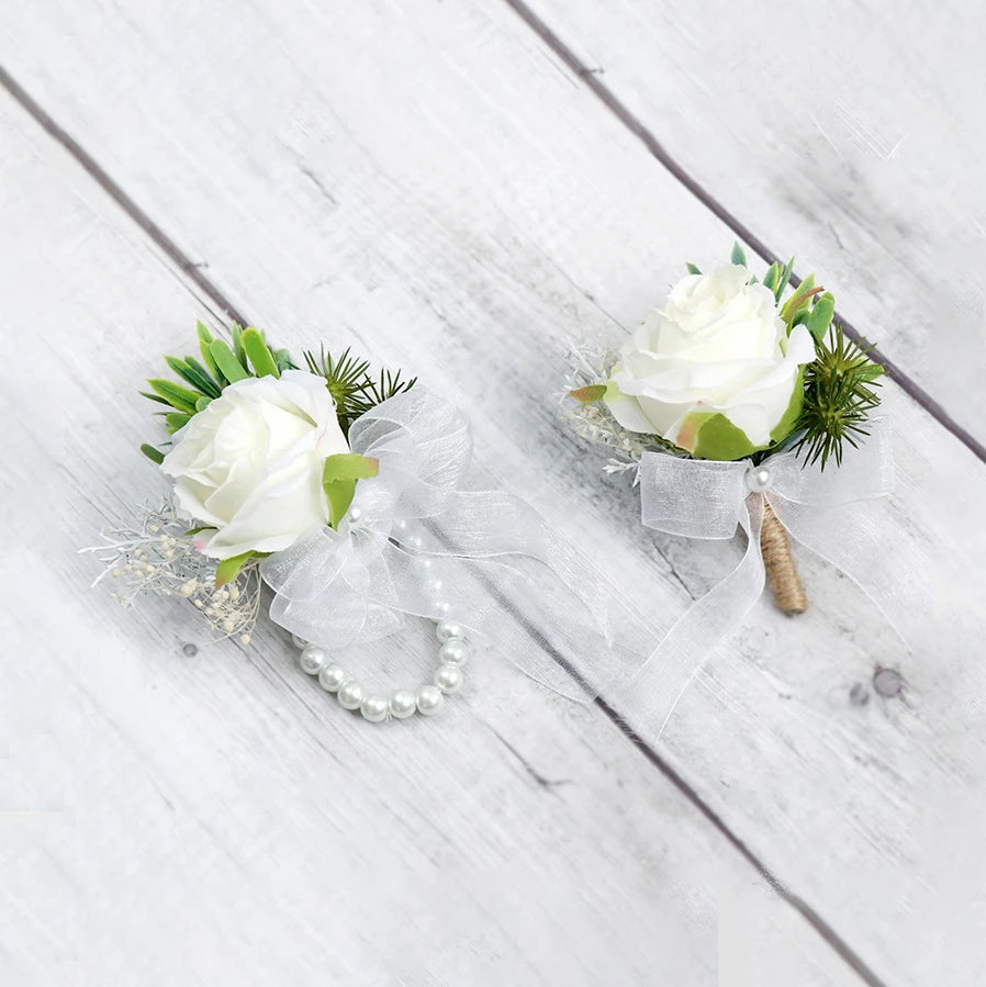 M618 Wholesale Customize Wedding Corsage Brooches Bride Groom Pin White Rose Flower Wedding Boutonniere Wrist Corsage