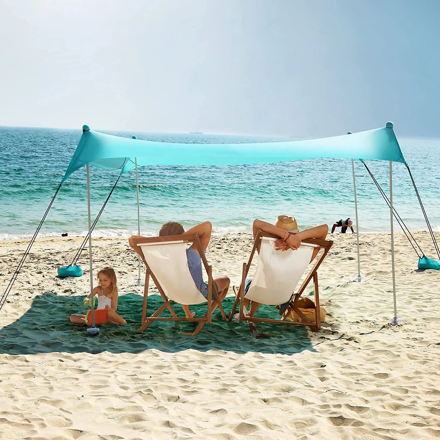 WOQI 34 Blue Sandbags Spandex Fabric Summer Family Beach Tent Sun Shelter Canopy for Outdoor