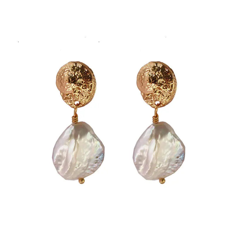 BS58 18K Gold Plated Brass Earrings Freshwater Pearl Baroque Pearl Drop Earrings Gold Conch Stud Earring Jewelry