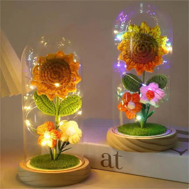 Crocheted Plant Flower Crochet Sunflower in Glass Dome with LED for Mother's Day Gift Valentine's Day