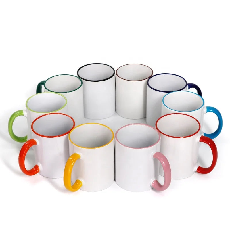 11oz Top Grade Mug Mouth Colorful Sublimation Blanks Ceramic Coffee Cup With Colorful Handle for Print Customize DIY LOGO