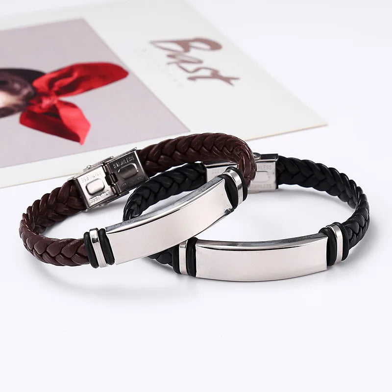 Lateefah Fashion Men's Jewelry Knit Leather Bracelet Stainless Steel Bar Custom Nameplate Bracelet