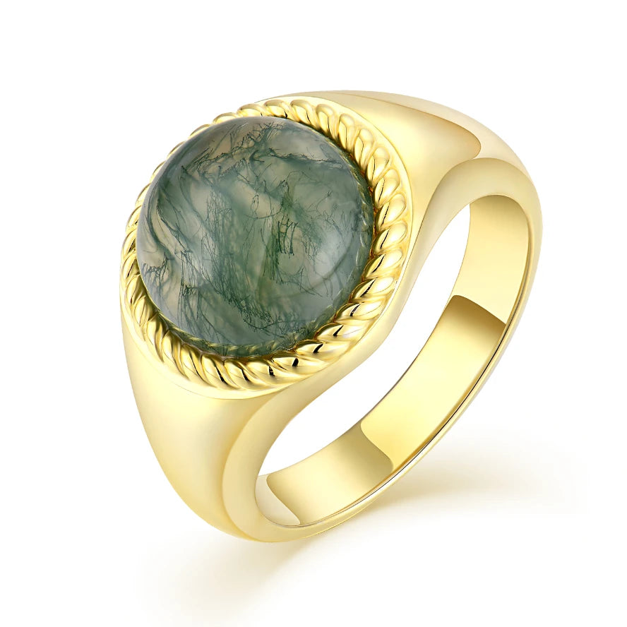 Authentic Sterling Silver Bold Signet Moss Agate Ring 18K Gold Plated Handcrafted Eco-friendly Jewelry Wholesale Price Supplier