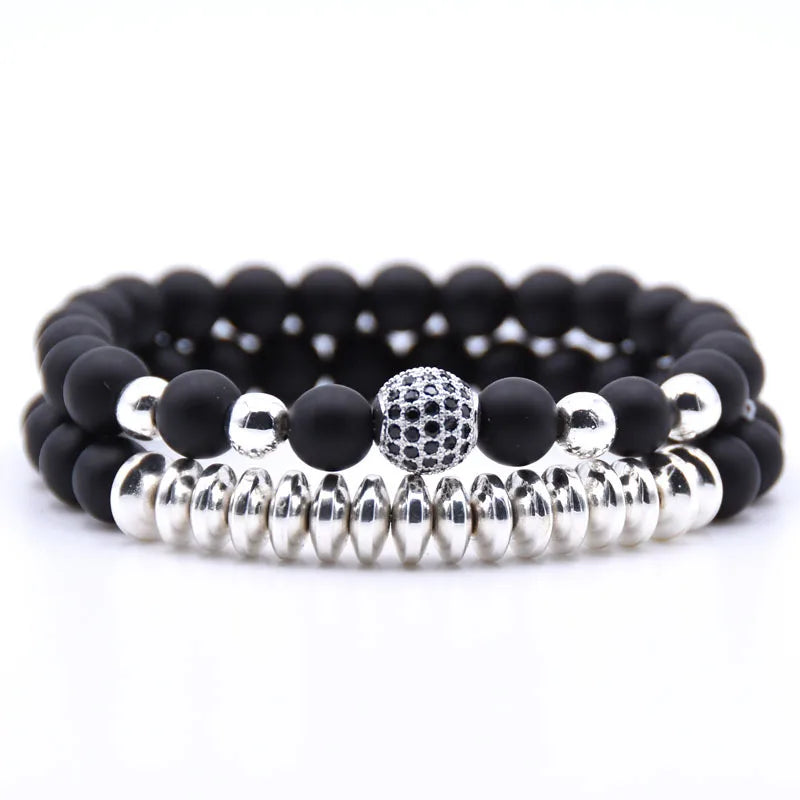 Natural Stone Zircon Men Bracelet Set 2pc/set Bead Jewelry