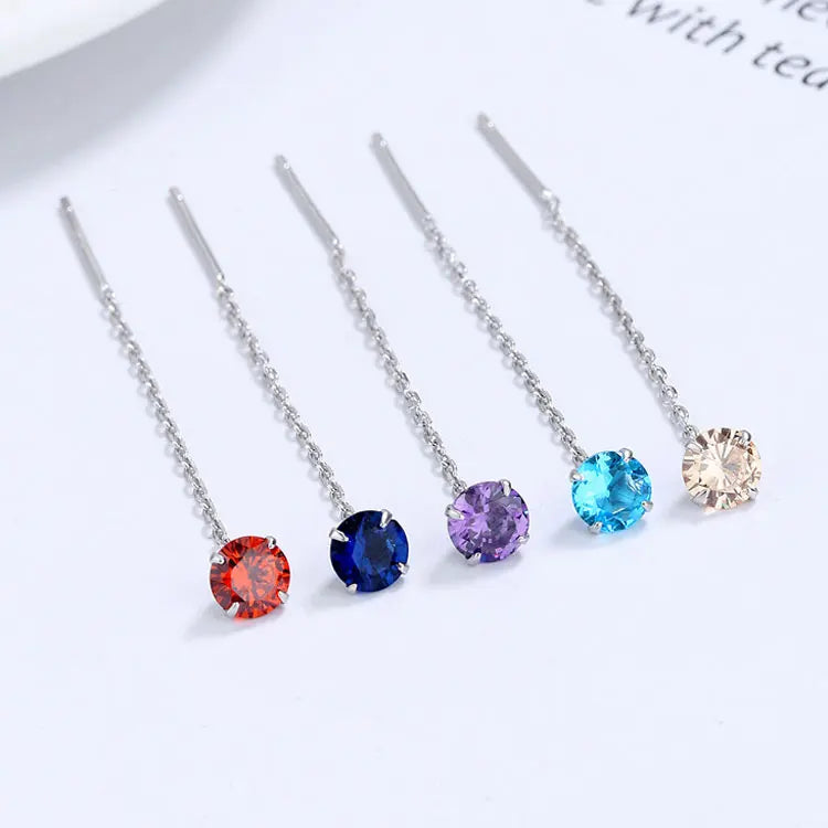 SC Fine 925 Sterling Silver Long Tassel Chain Earrings Wire Luxury Colorful 5mm Round Zircon Threader Earrings for Women