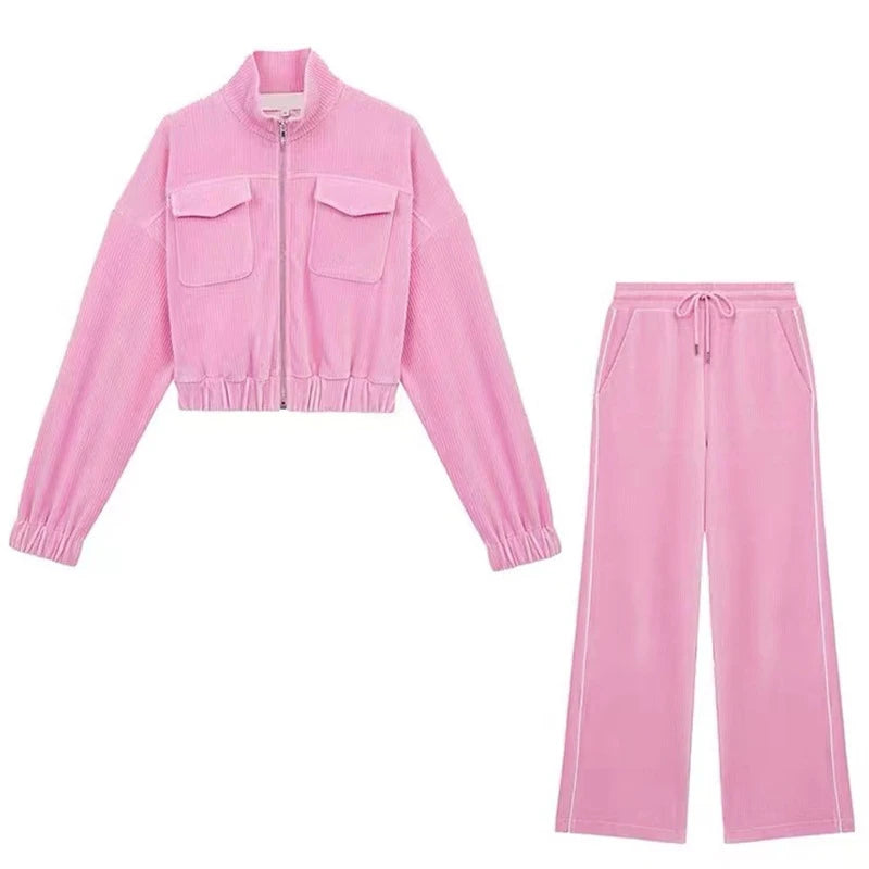 Popular Clothing 2pcs Sets for Women Sport Style pink Color Custom Embroidery logo Corduroy Jacket Pants Two Pieces Suit