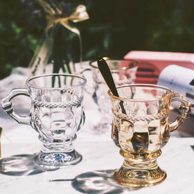Embossed Ethiopian Glass Gold Rim Amber clear Afternoon Tea Glass Cup Mini Goblet Restaurant Latte Coffee Cup with Handle