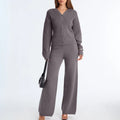 OEM Supplier Custom Ladies Ribbed Knit Cardigan Hoodie Sweater Two Piece Set Knit Hooded Sweater Wide Leg Pant Set Women