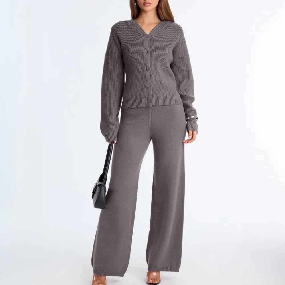 OEM Supplier Custom Ladies Ribbed Knit Cardigan Hoodie Sweater Two Piece Set Knit Hooded Sweater Wide Leg Pant Set Women