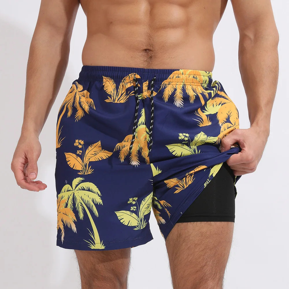 JINQI Custom logo Gym 2 in 1 5 Inch Polyester Swim Running Breathable Tight Summer Running Double Pocket Compression Shorts