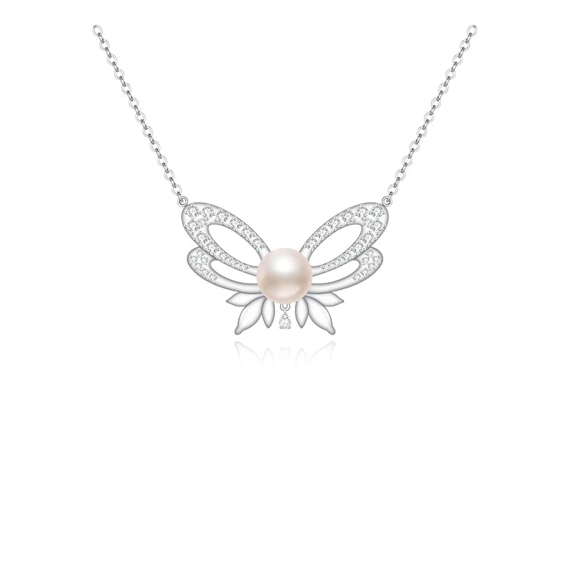 Fashion Jewelry Pearl With Zircon Necklace 925 Sterling Silver Butterfly Necklace for Women