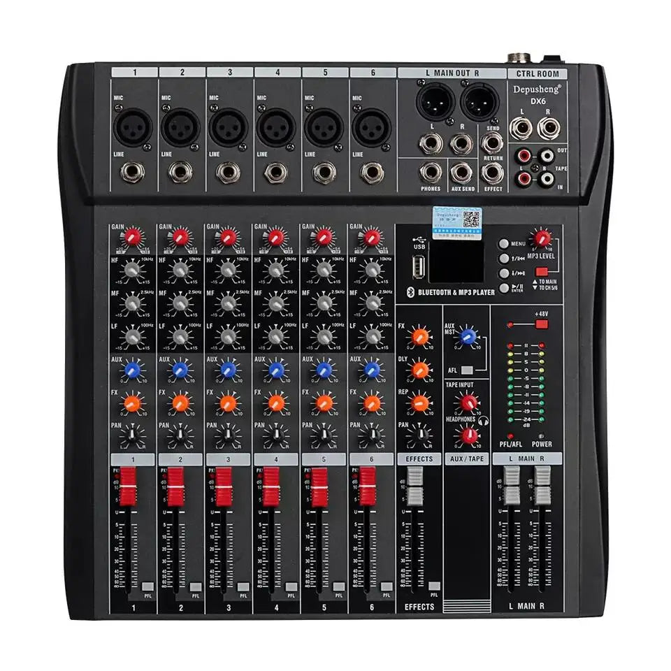 Depusheng DX6 Profesional 6 Channel Audio Mixer Built-in DSP Reverb Effect