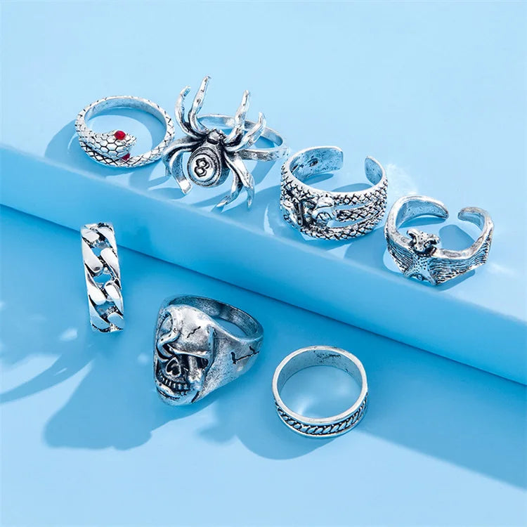 Wholesale New Trend Hip Hop 7pcs/set Men Vintage Old Spider Double Headed Snake Bat Skull Fashion Ring Set