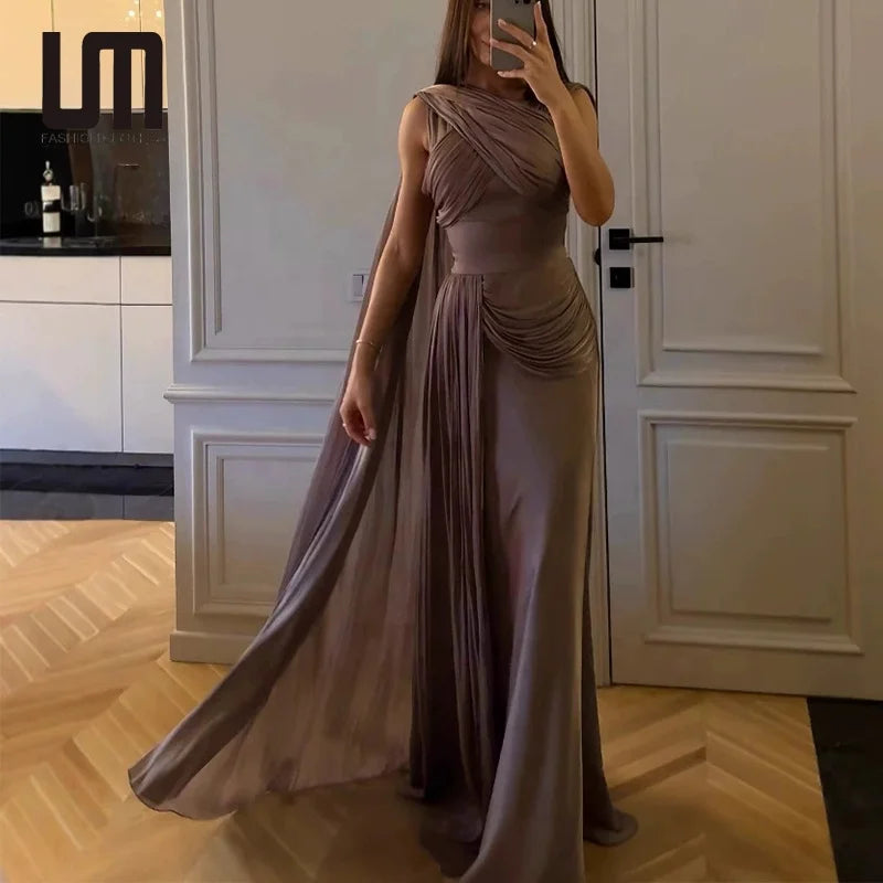 OEM ODM Women's Elegant Dubai Arabic Evening Dress with Draped Cape Wedding Gown Custom Made Abaya Kaftan Formal Party Dress