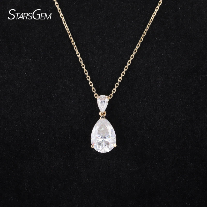 9k Yellow Gold Pear Shape Moissanite White Stone Pendant Necklace Customizable Chain Style for Parties Engagement